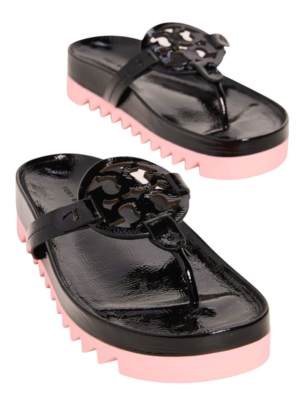 TORY BURCH Miller Cloud Lug Black Pink Leather Platform Sawtooth Sandals